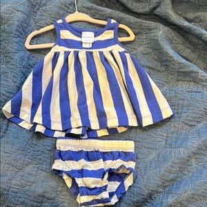 Hanna Andersson Blue and White Striped baby Dress and bloomer set